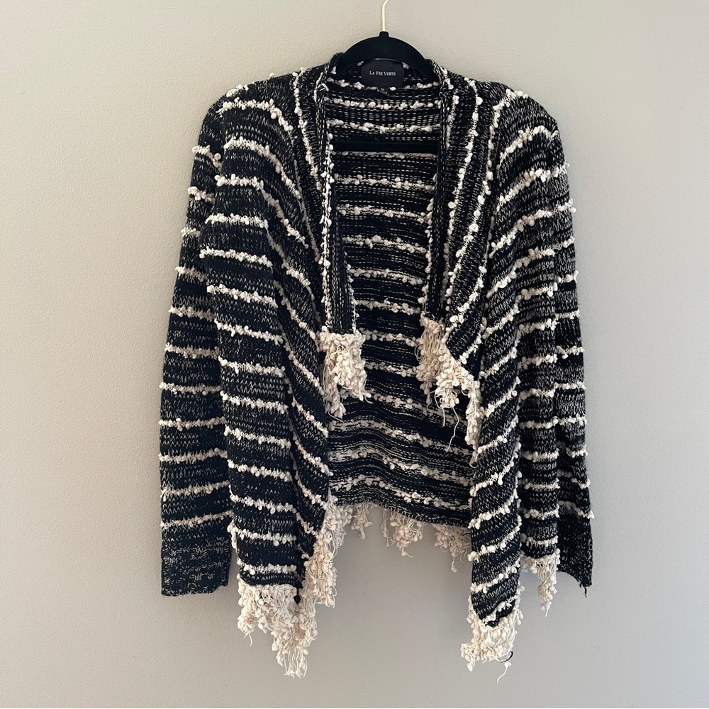 La Fee Verte Black White Open Front Slouchy Fringe Cardigan Size Medium